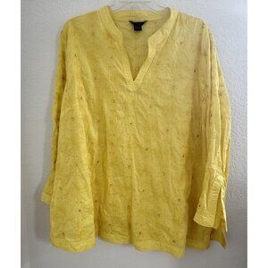 Silk Land Womens Blouse 3X Yellow Floral Embroidered Rhinestones Split Neck Boho
